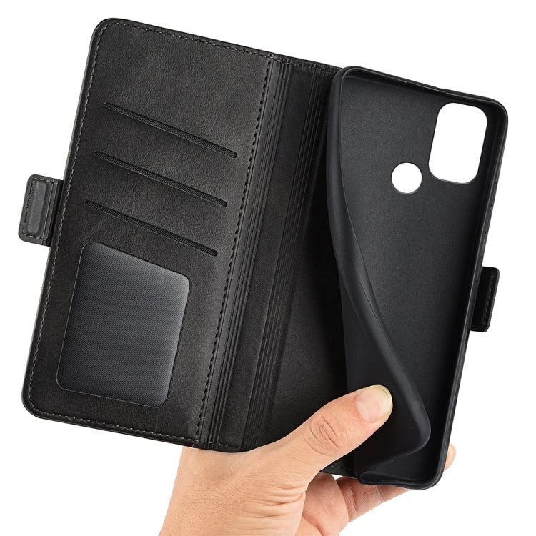 Black leather-look wallet phone case with card pocket, magnetic clasp, and camera cutout.