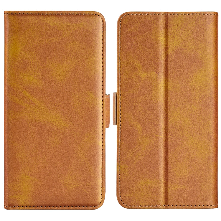 Tan flip leather phone case with magnetic clasp and stitched side panels.