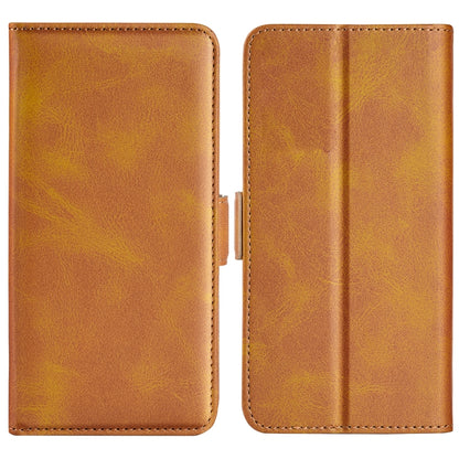 Tan flip leather phone case with magnetic clasp and stitched side panels.