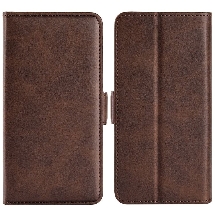 Brown flip leather phone case with magnetic clasp and stitched two-panel design.