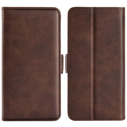 Brown flip leather phone case with magnetic clasp and stitched two-panel design.