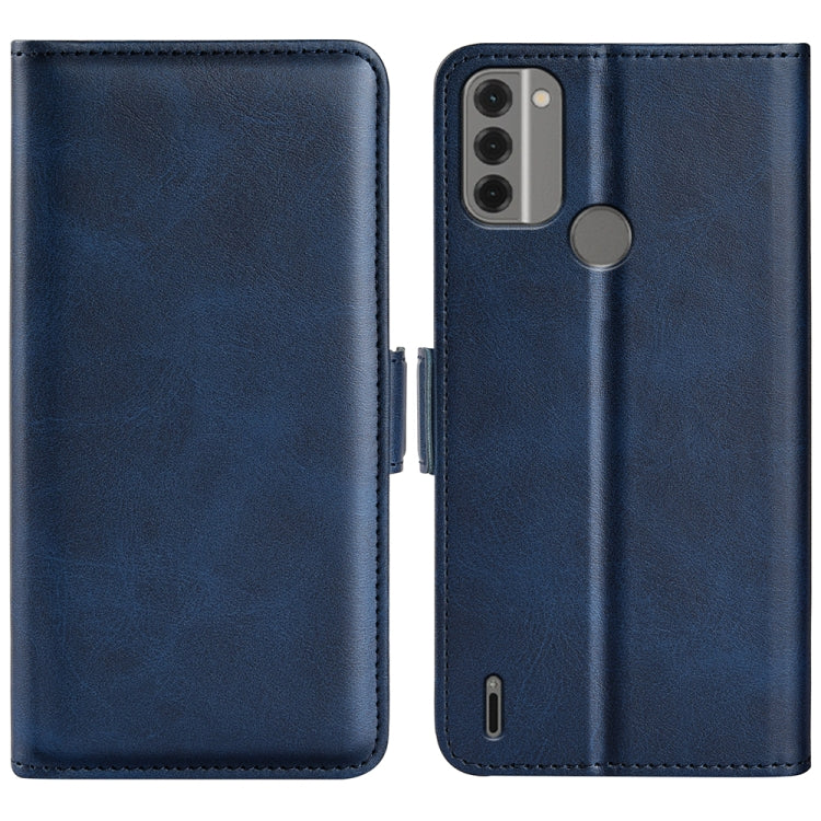 Dark blue flip leather phone case with magnetic clasp and camera cutout.