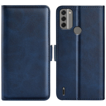 Dark blue flip leather phone case with magnetic clasp and camera cutout.