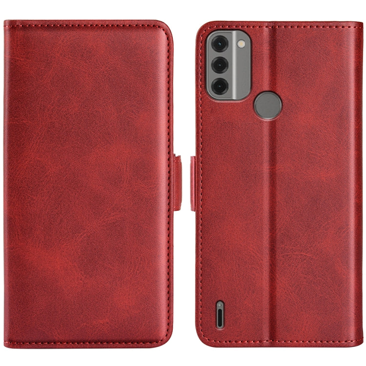 Red flip leather phone case with magnetic clasp and camera cutout.