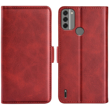 Red flip leather phone case with magnetic clasp and camera cutout.