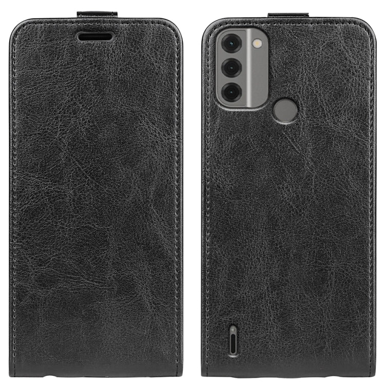 Textured black vertical flip leather phone case with front button cutout and back camera cutouts.