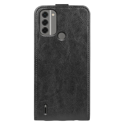 Textured black vertical flip leather phone case back with camera and speaker cutouts.