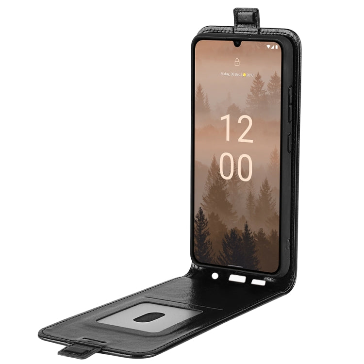 Black vertical flip leather phone case open, showing inner card slot and phone screen window.