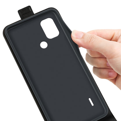 Black vertical flip leather phone case back with camera and side port cutouts, held by hand.