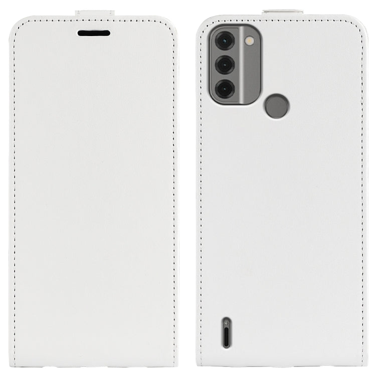 Textured white vertical flip leather phone case with front button cutout and back camera cutouts.