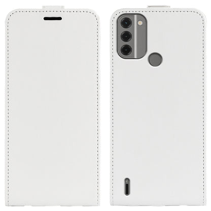 Textured white vertical flip leather phone case with front button cutout and back camera cutouts.