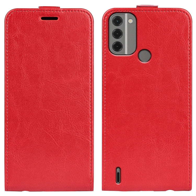 Textured red vertical flip leather phone case with front button cutout and back camera cutouts.