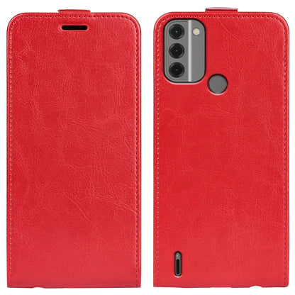Textured red vertical flip leather phone case with front button cutout and back camera cutouts.