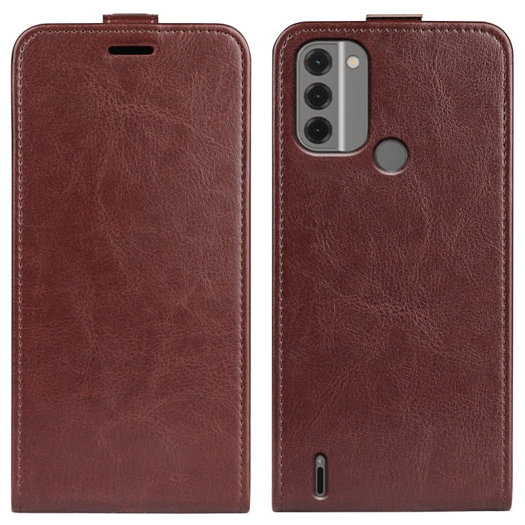 Textured brown vertical flip leather phone case with front button cutout and back camera cutouts.
