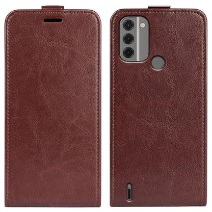 Textured brown vertical flip leather phone case with front button cutout and back camera cutouts.