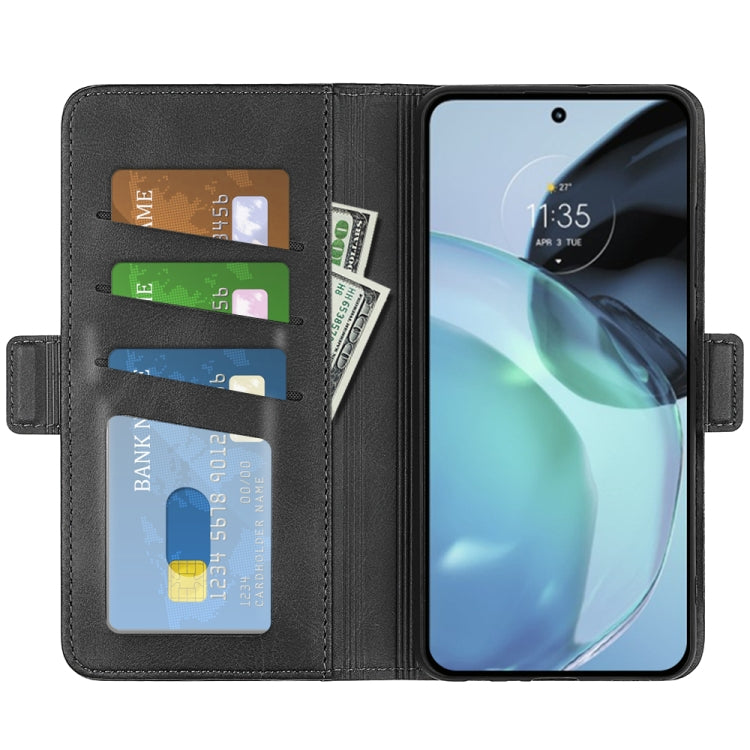 Black leather wallet-style flip phone case with card slots and magnetic buckle