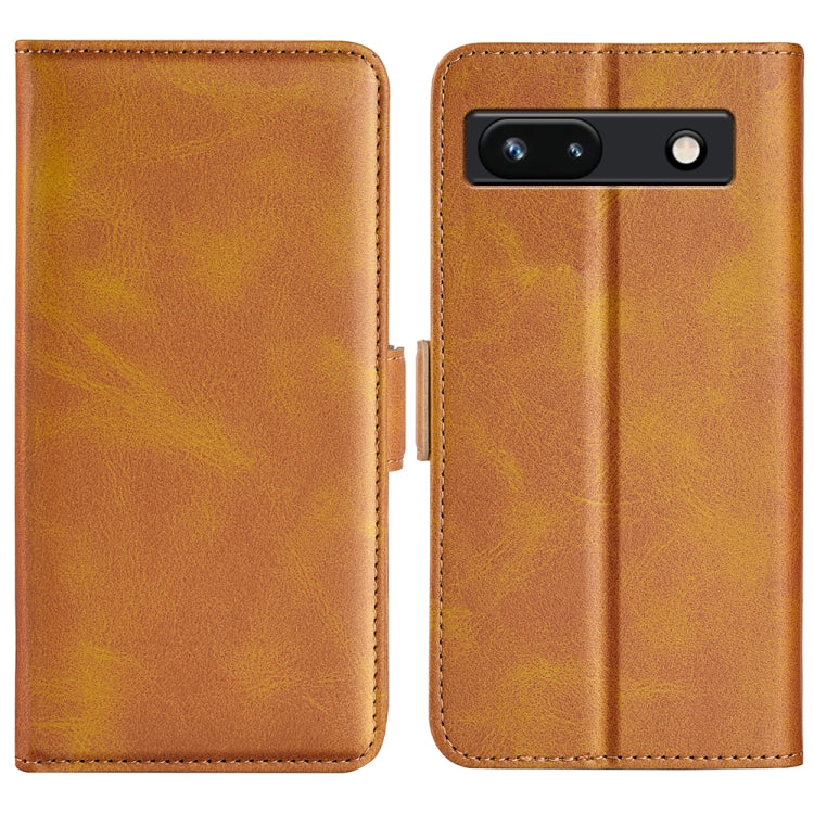 Brown leather flip phone case with magnetic buckle, dual-side cover and camera cutout