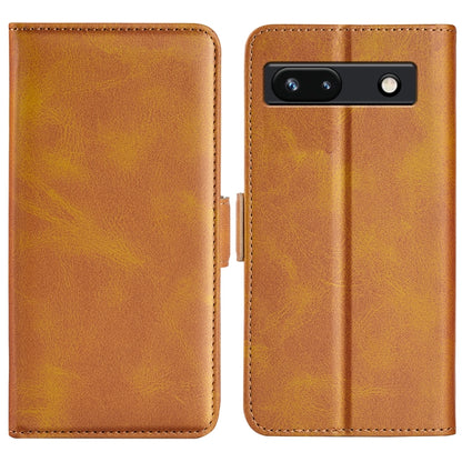 Brown leather flip phone case with magnetic buckle, dual-side cover and camera cutout
