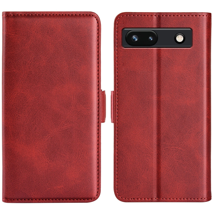 Red leather flip phone case with magnetic buckle, dual-side cover and camera cutout
