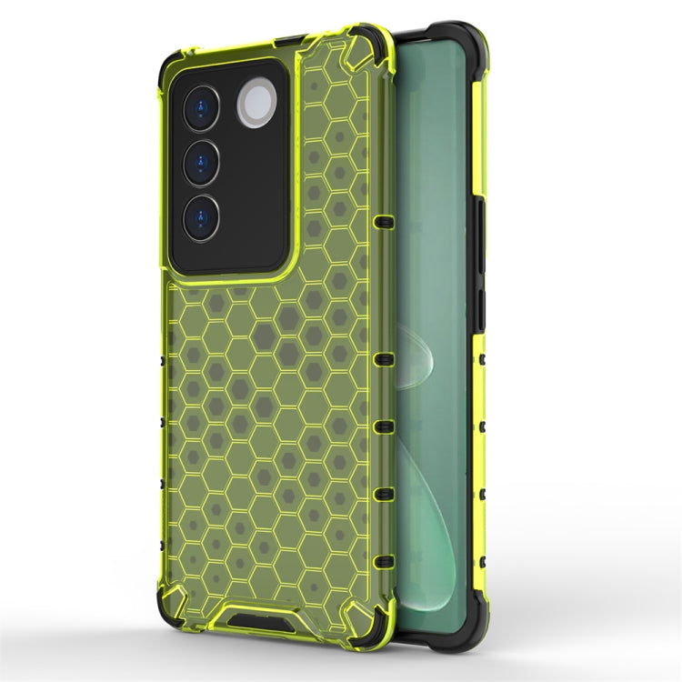 Shockproof honeycomb phone case for vivo, neon green hex pattern with raised bezel