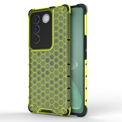 Shockproof honeycomb phone case for vivo, neon green hex pattern with raised bezel