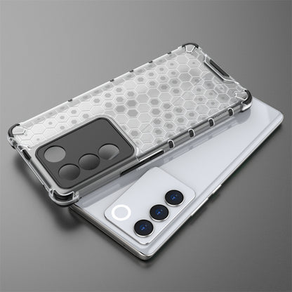 Shockproof honeycomb phone case for vivo, white case with raised edges over camera area