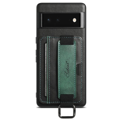 Black PU phone case with green card wallet insert and wrist strap ring.