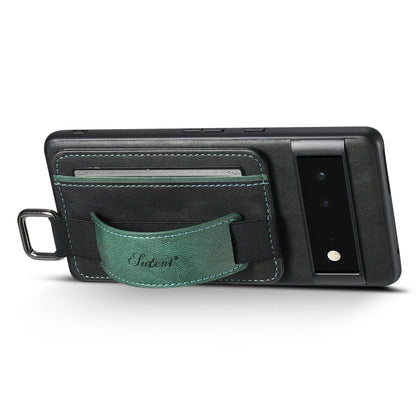 Green card wallet phone case with wrist strap ring, shown in side profile.