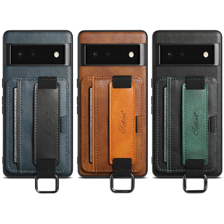 Phone wallet cases in dark, brown, and green colors with card holder and wrist strap.