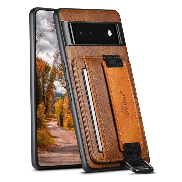 Brown PU phone case with card wallet and wrist strap, magnetic flap, vertical card slots