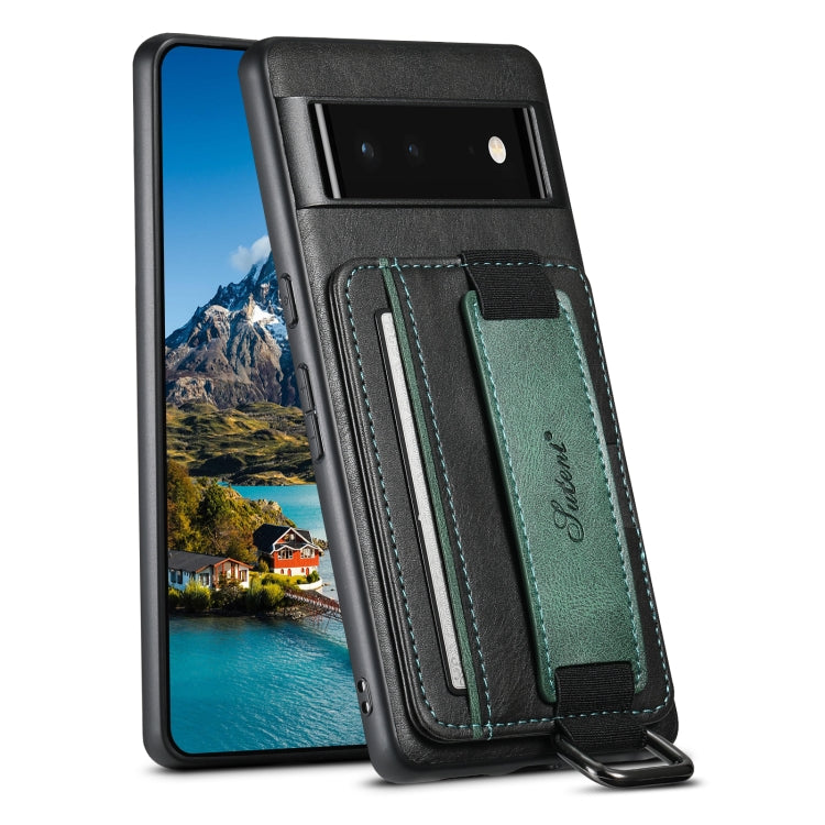 Green card wallet phone case with wrist strap, PU leather look, black border.