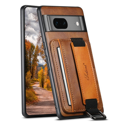 Brown PU phone case with card wallet and wrist strap, magnetic flap, card holder slots