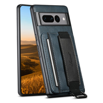 Blue PU phone case with two card slots and wrist strap, camera cutout