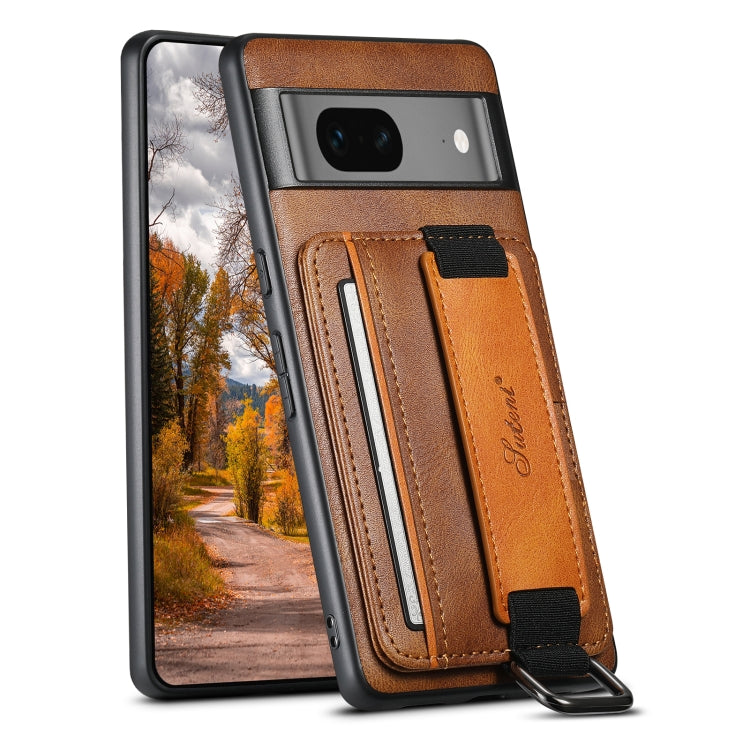 Brown PU phone case with card wallet and wrist strap, magnetic flap, stitched card compartments
