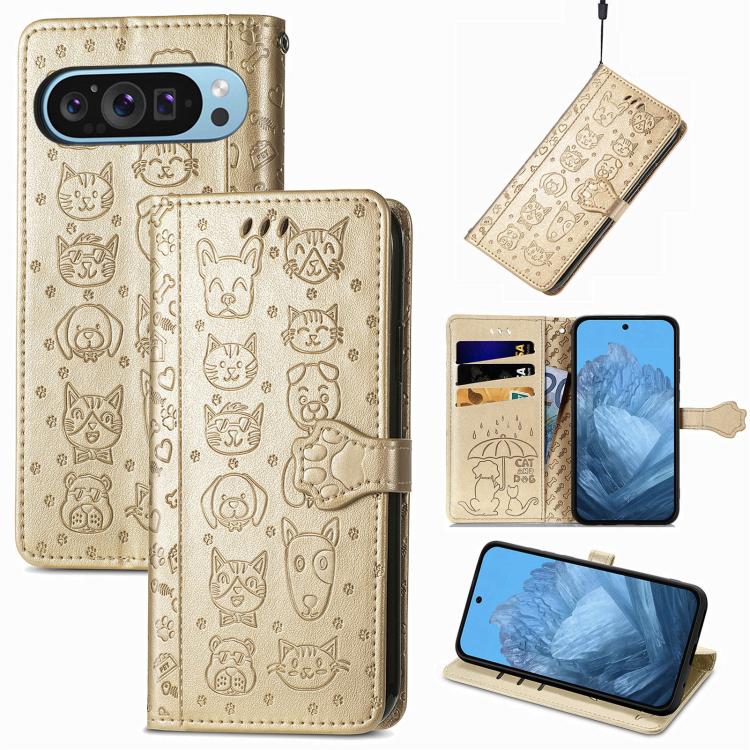 Cat and Dog Embossed Leather Phone Case, For Google Pixel 11 Pro XL, For Google Pixel 8 Pro, For Google Pixel 8