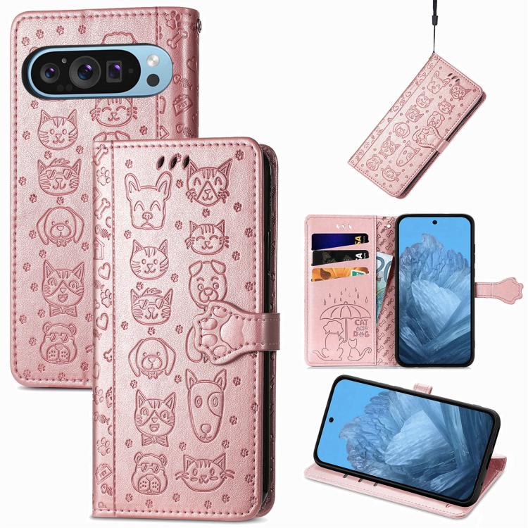 Cat and Dog Embossed Leather Phone Case, For Google Pixel 11 Pro XL, For Google Pixel 8 Pro, For Google Pixel 8