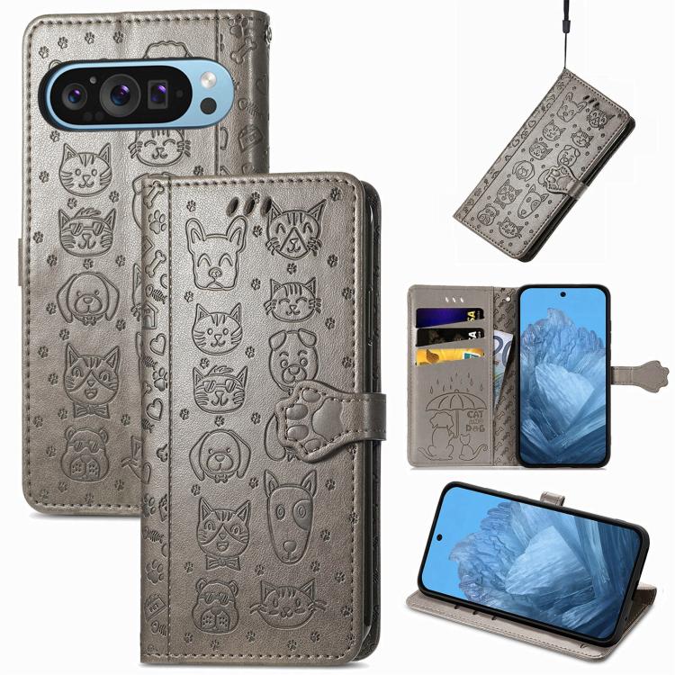 Cat and Dog Embossed Leather Phone Case, For Google Pixel 11 Pro XL, For Google Pixel 8 Pro, For Google Pixel 8