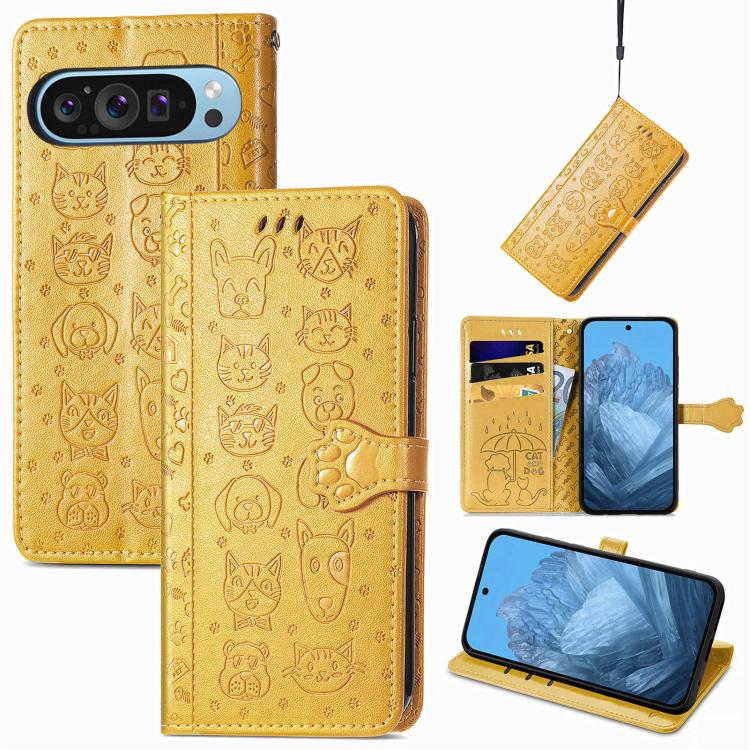 Cat and Dog Embossed Leather Phone Case, For Google Pixel 11 Pro XL, For Google Pixel 8 Pro, For Google Pixel 8