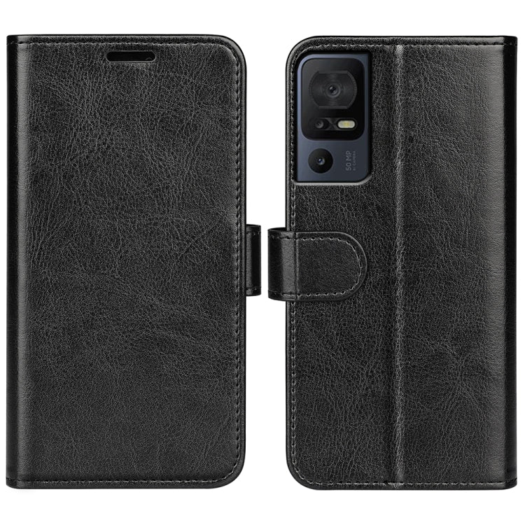Black textured leather flip phone case with horizontal opening and camera cutout