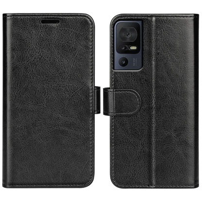 Black textured leather flip phone case with horizontal opening and camera cutout