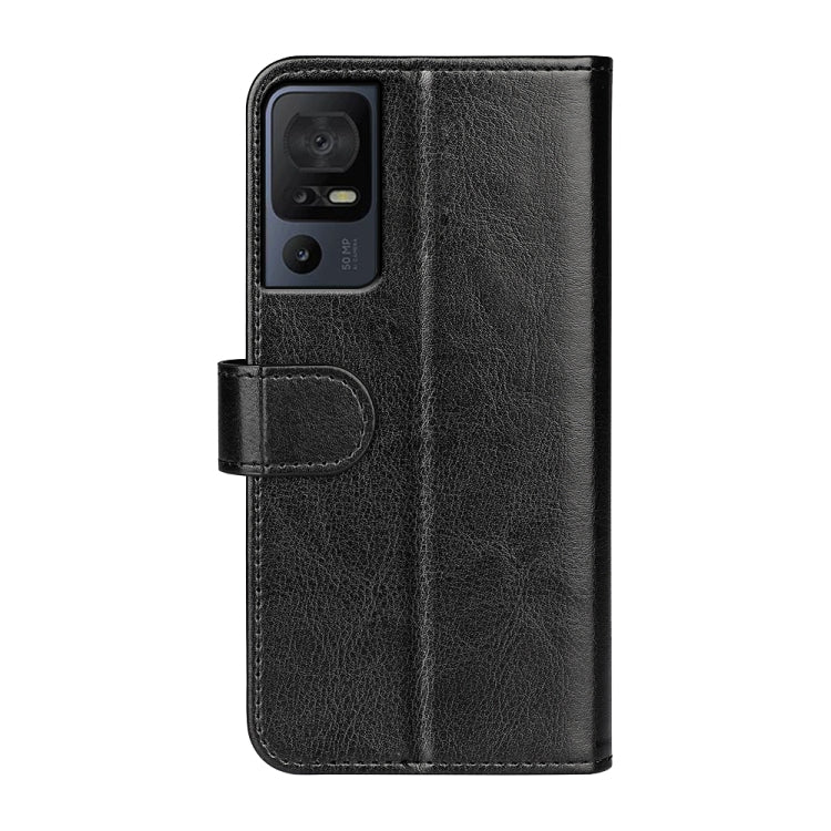 Black textured leather flip phone case back with camera cutout and front strap