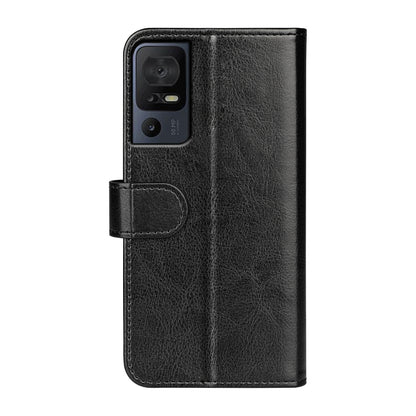 Black textured leather flip phone case back with camera cutout and front strap