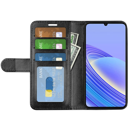 Black textured leather folio case with card slots and flip cover open to phone screen