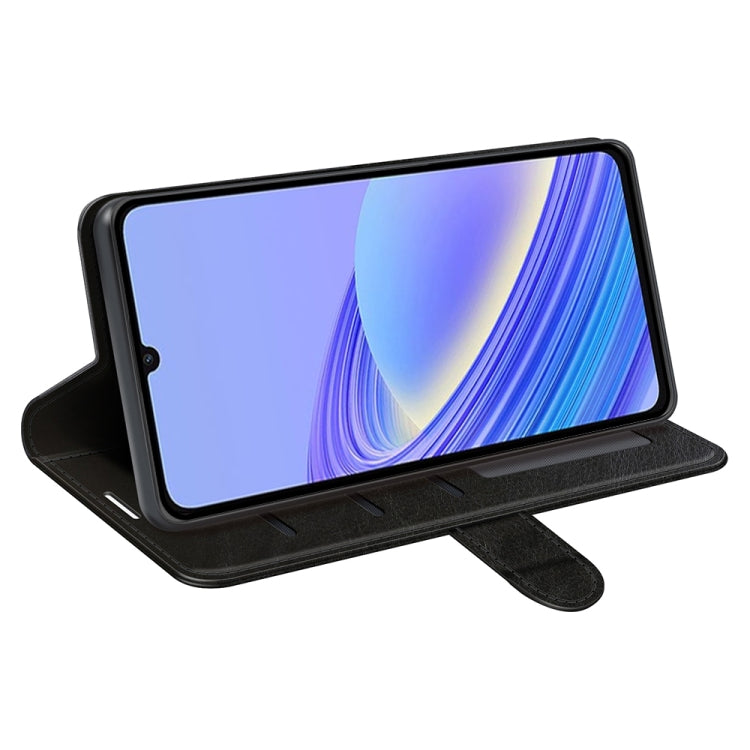 Black textured leather flip phone case in stand mode with viewing kickstand
