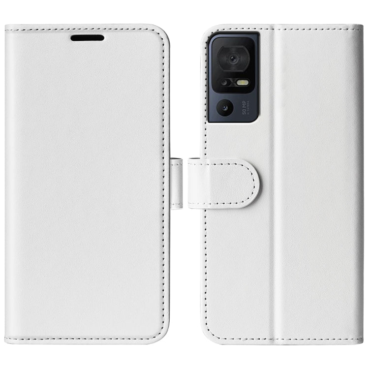 White textured leather flip phone case with camera cutout and front strap