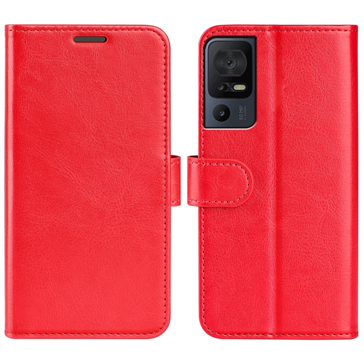 Red textured leather flip phone case with camera cutout and front strap