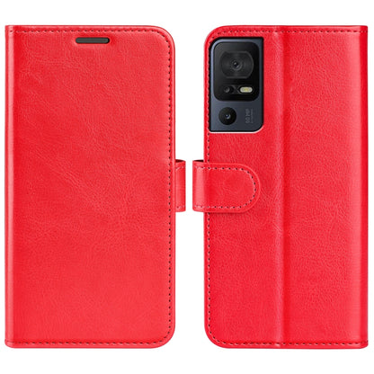 Red textured leather flip phone case with camera cutout and front strap