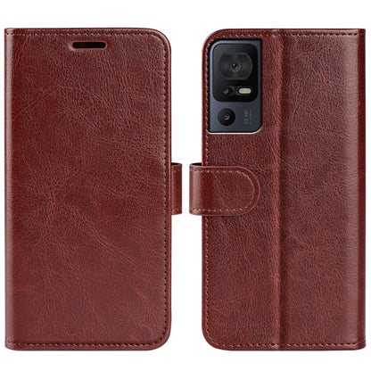 Brown textured leather flip phone case with camera cutout and front strap