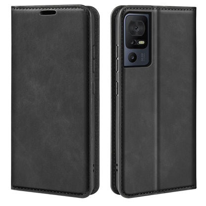Black leather wallet phone case with front flap and rear camera cutout.