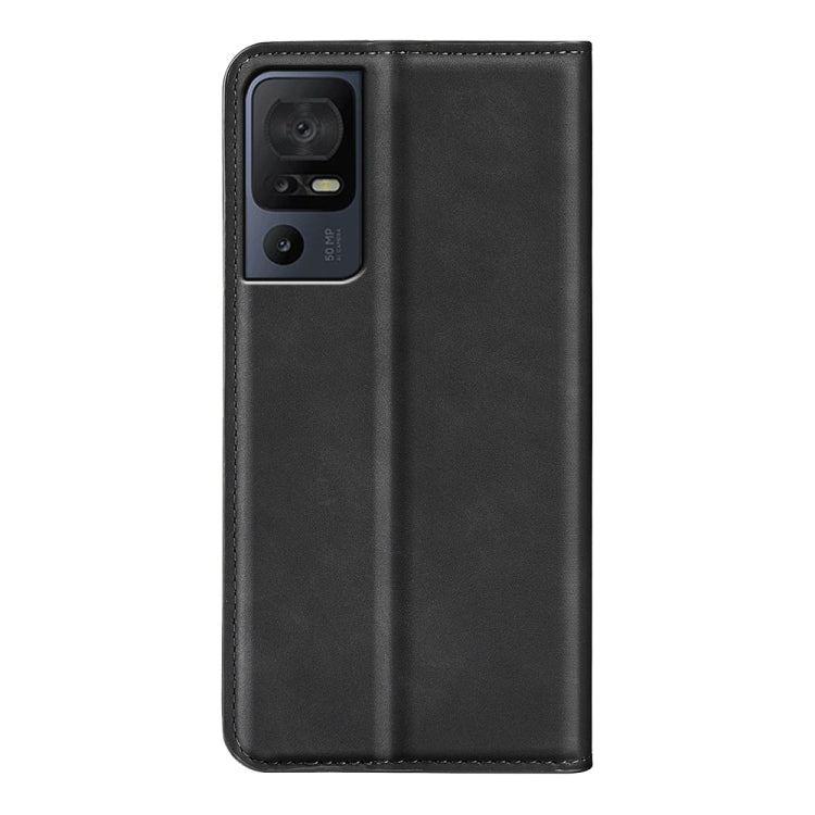 Black leather phone case with rear camera cutout and slim profile back.